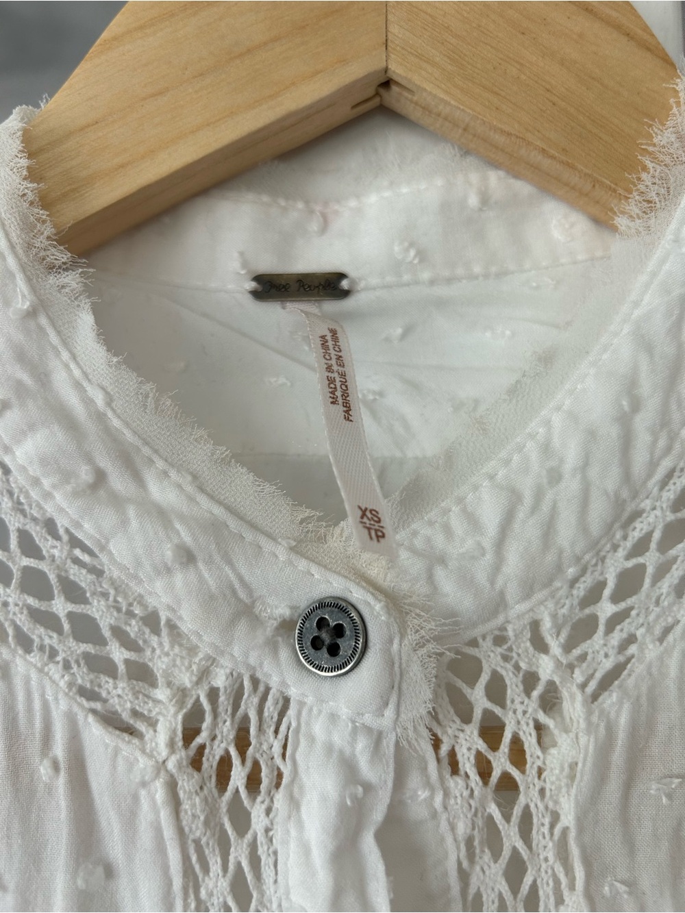 Free People White Swiss Dot Crochet Trim Button-Front Blouse - Picture 5 of 9